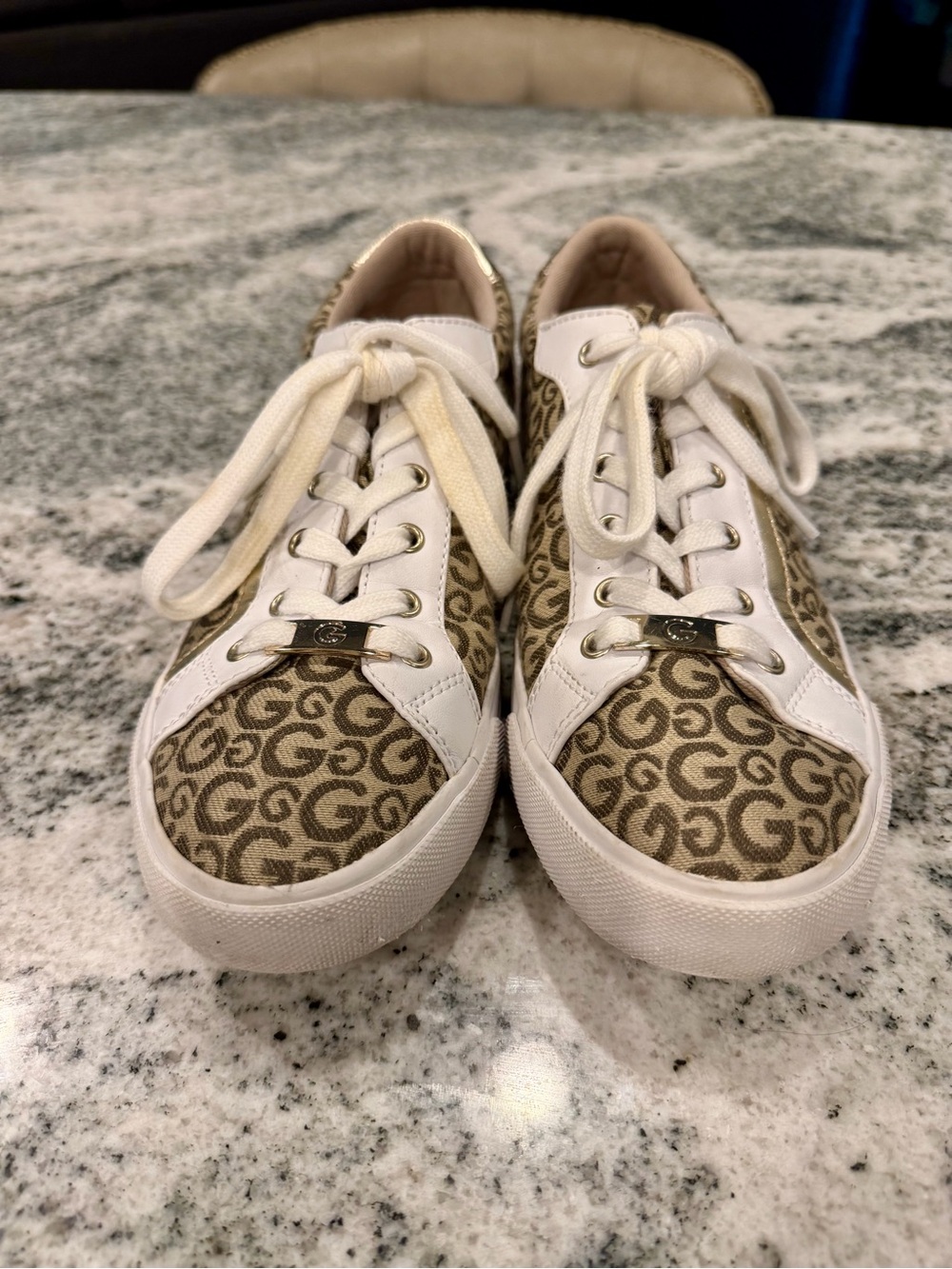 GBG Los Angeles Tan & White Monogram Lace-Up Sneakers